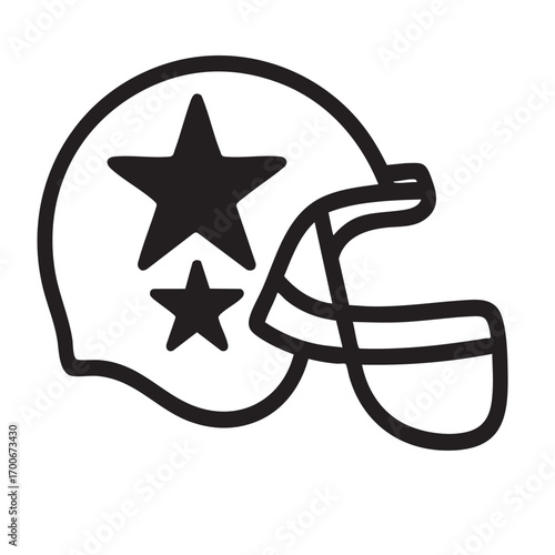 Simple line art icon of a football helmet featuring two stars on the side