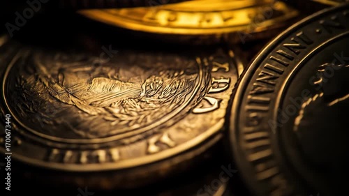 Close-up detail of stacked, antique gold coins with raised design