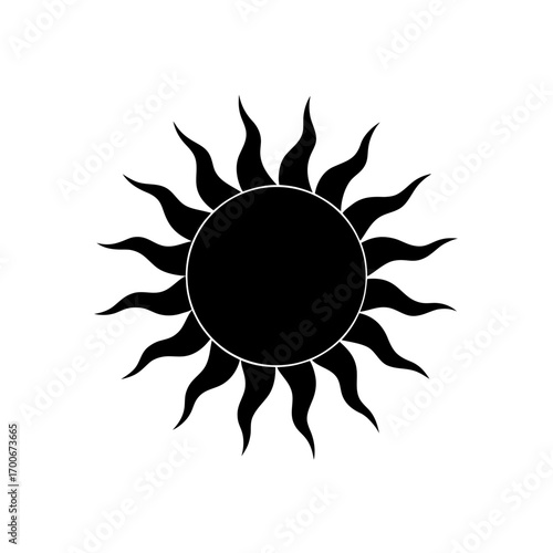 Stylized black sun with pointy rays design on transparent background