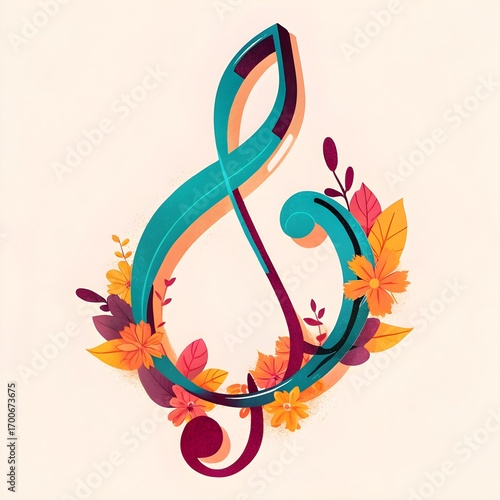 Colorful treble clef with floral decorations, abstract musical symbol with autumn leaves and vibrant flowers, modern music art design on light background