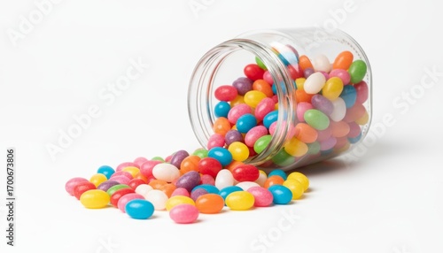 Close-up of a glass jar filled with colorful jelly beans spilling onto a clean white background, sharp focus, bright studio lighting