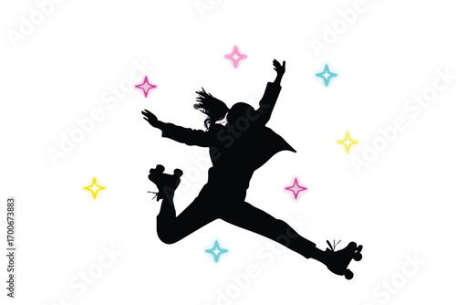 Silhouette of a roller skater jumping with colorful starbursts on a white background Keywords: roller skating, silhouette, jumping, action, fun, celebration, joy, freedom, retro, 80s, 90s