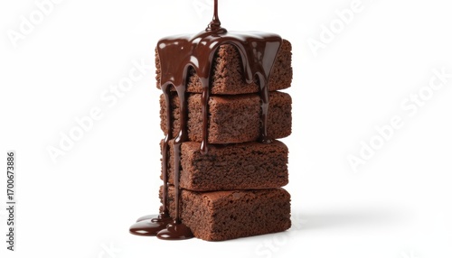 Close-up of melting chocolate dripping over stacked cubes of brownie, glossy texture, isolated on clean white background