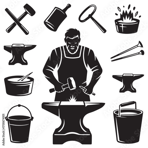 Blacksmith silhouette working at anvil with tools and forge illustrating traditional metalworking craftsmanship and industrial heritage