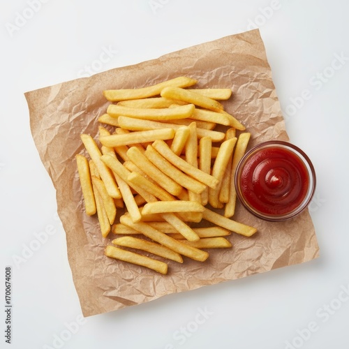 Flat lay of crispy French fries arranged neatly on rustic brown parchment paper, small glass bowl of ketchup on the side, top-down studio shot, bright lighting