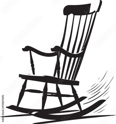 Silhouette of a wooden rocking chair with curved runners and a slatted back on a white background furniture