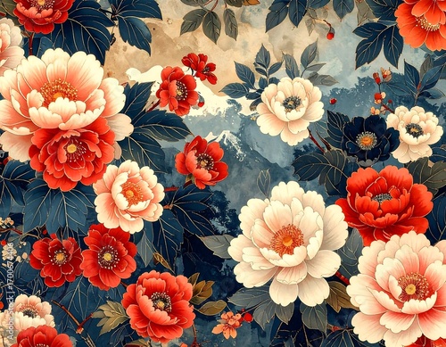 Blooming artistry, vibrant floral pattern with mountain landscape backdrop