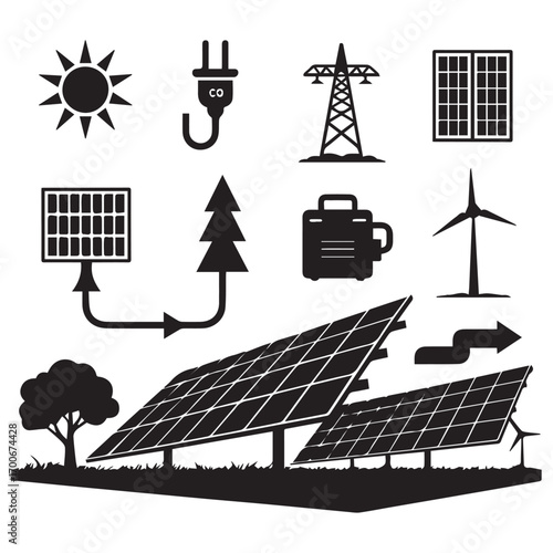 Collection of black silhouette icons representing renewable energy sources and power generation technologies on a white background