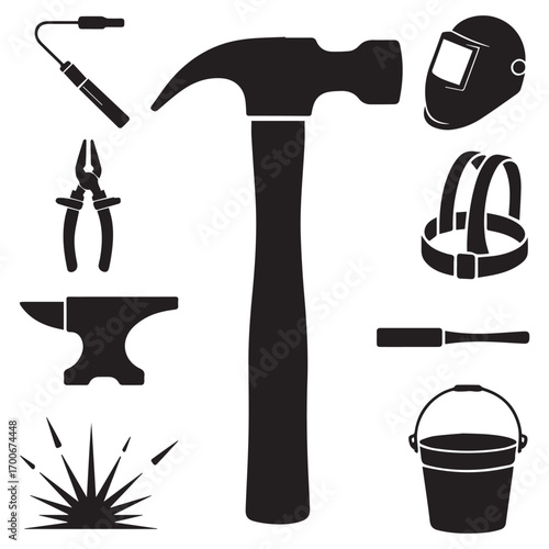 Collection of black silhouettes of various blacksmith and welding tools and equipment on white background