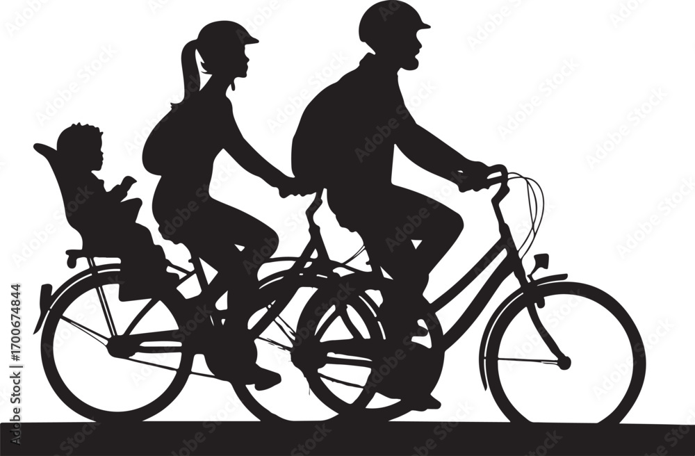 Obraz premium Silhouette of a family cycling together with a child in a seat on a white background Keywords: family, cycling, silhouette, parents, child, bicycle, riding, together, outdoor, activity, healthy