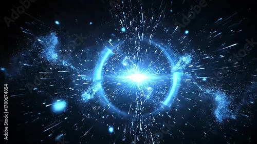 A video with an explosion and scattering effect similar to a supernova explosion of blue particles disintegrating from a blue sphere.
