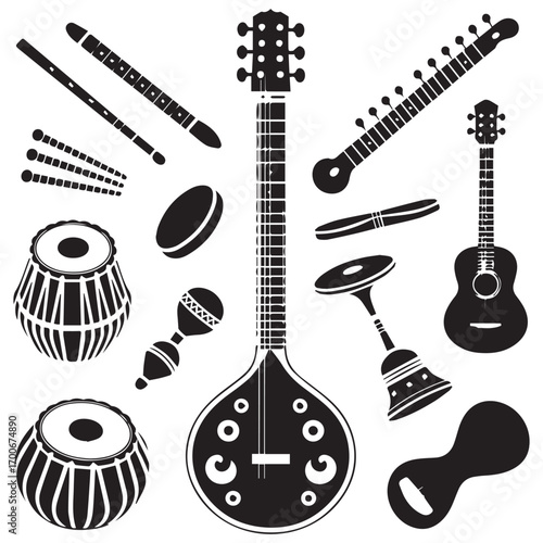 Collection of diverse musical instruments silhouettes featuring indian classical and western string instruments percussion and wind instruments