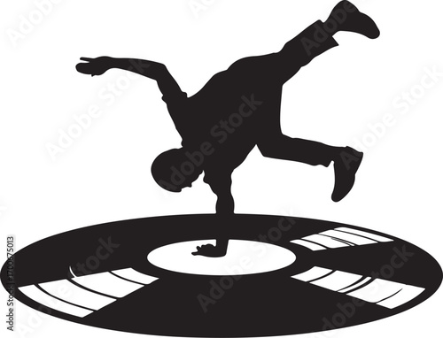 Silhouette of a breakdancer performing a handstand on a vinyl record Keywords: breakdance, dancer, silhouette, vinyl record, music, DJ, hip hop, dance, sport, performance, B-boy, B-girl