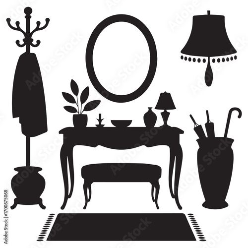 Elegant hallway silhouette featuring a console table mirror coat rack umbrella stand and decorative accents
