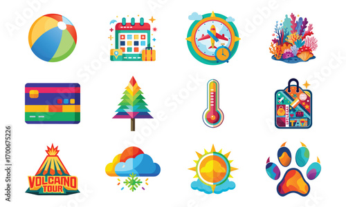 Colorful Travel and Nature Icon Set – Beach Ball, Calendar, Compass, Coral Reef, Credit Card, Tree, Thermometer, Shopping Bag, Volcano, Cloud, Sun, and Animal Paw Print Vector Illustration