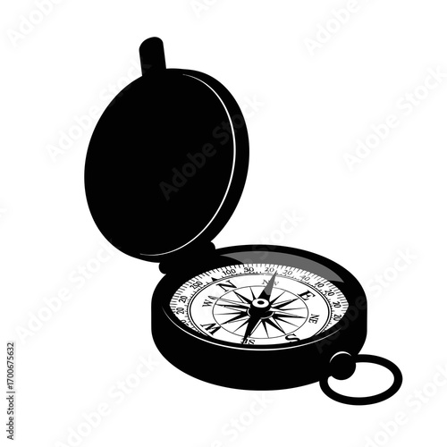 Open antique compass showing direction silhouette