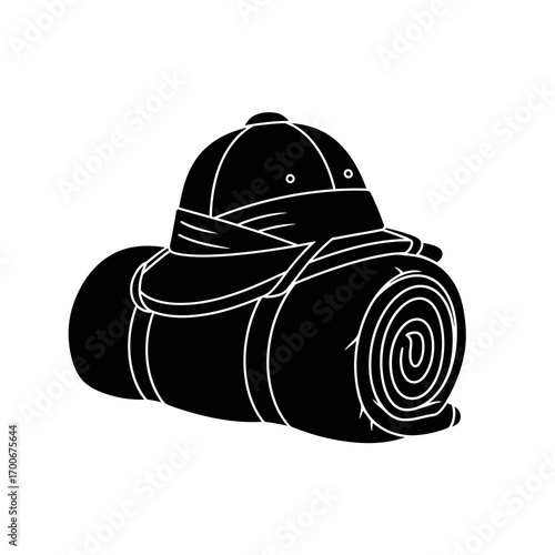 Safari pith helmet and rolled up sleeping bag silhouette