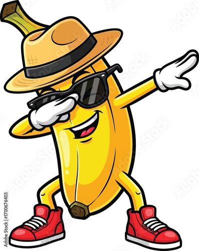 Cartoon banana character wearing hat and sunglasses doing dab dance isolated on white background