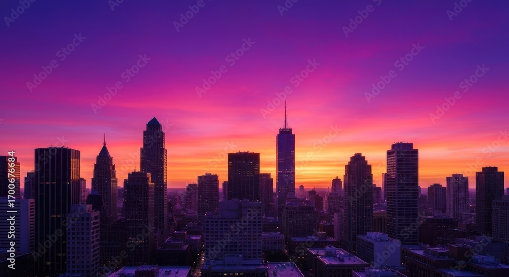 Fototapeta premium A vibrant sunrise paints the skyline of a bustling city. Silhouetted skyscrapers stretch against a fiery, purple-pink dawn