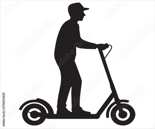 Silhouette of man riding electric scooter vector illustration, black outline urban transport design symbolizing eco mobility, city commuting, modern lifestyle, personal vehicle, green travel, minimal 