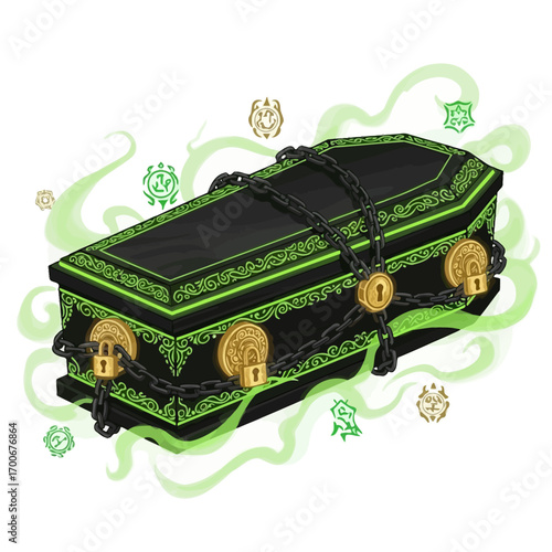 Mysterious ornate coffin with glowing green accents and mystic symbols illustration