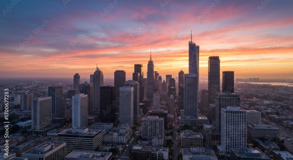 Fototapeta premium Aerial view of a city skyline at sunrise. Skyscrapers, diverse structures, vibrant colors