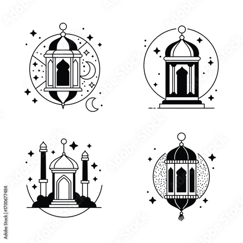 Collection of four stylized islamic lanterns and mosque elements in a circular frame with celestial motifs and decorative lines