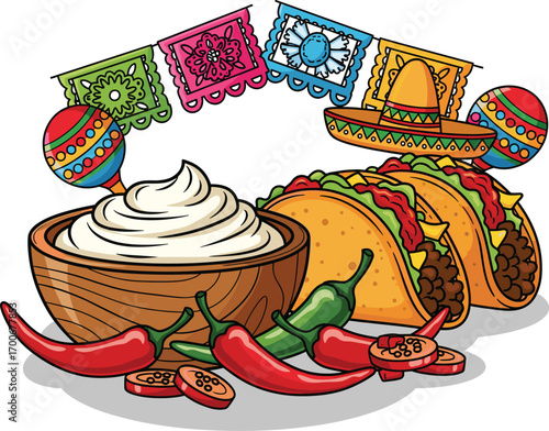 Sour Cream with Festive Tacos and Spices Cartoon Vector