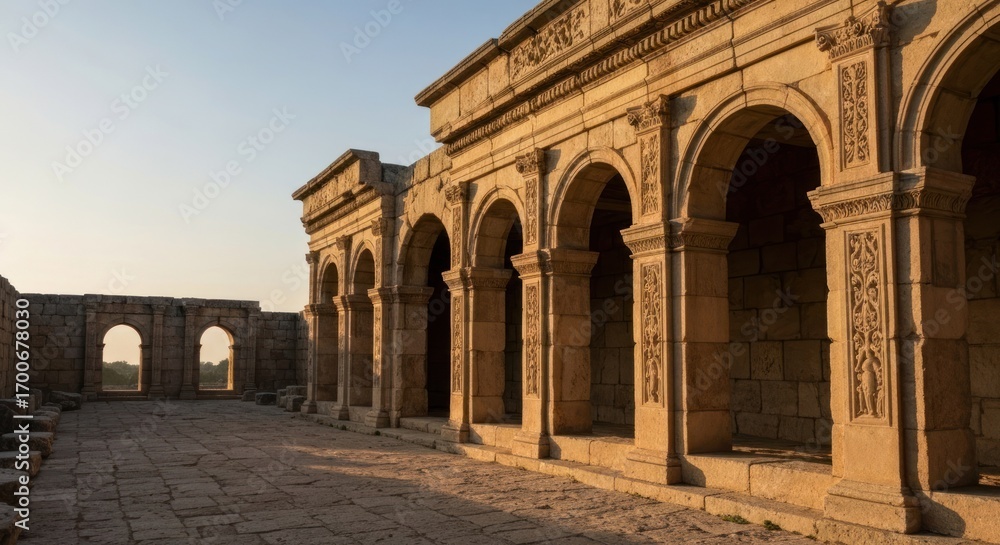 Obraz premium Ancient stone arches and colonnades at sunrise.?Sunlight highlights intricate stonework