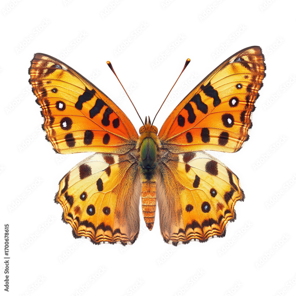 Obraz premium A beautiful orange butterfly with black spots isolated on transparent background