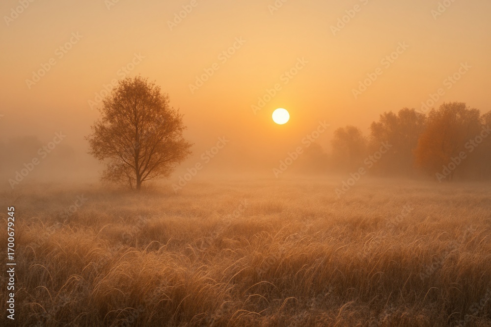 Fototapeta premium Serene Sunrise Over a Misty Field with a Lone Tree