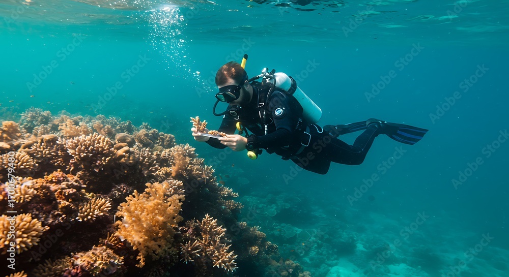 Fototapeta premium Scuba Diver Exploring Coral Reef Underwater with Equipment in Clear Blue Ocean