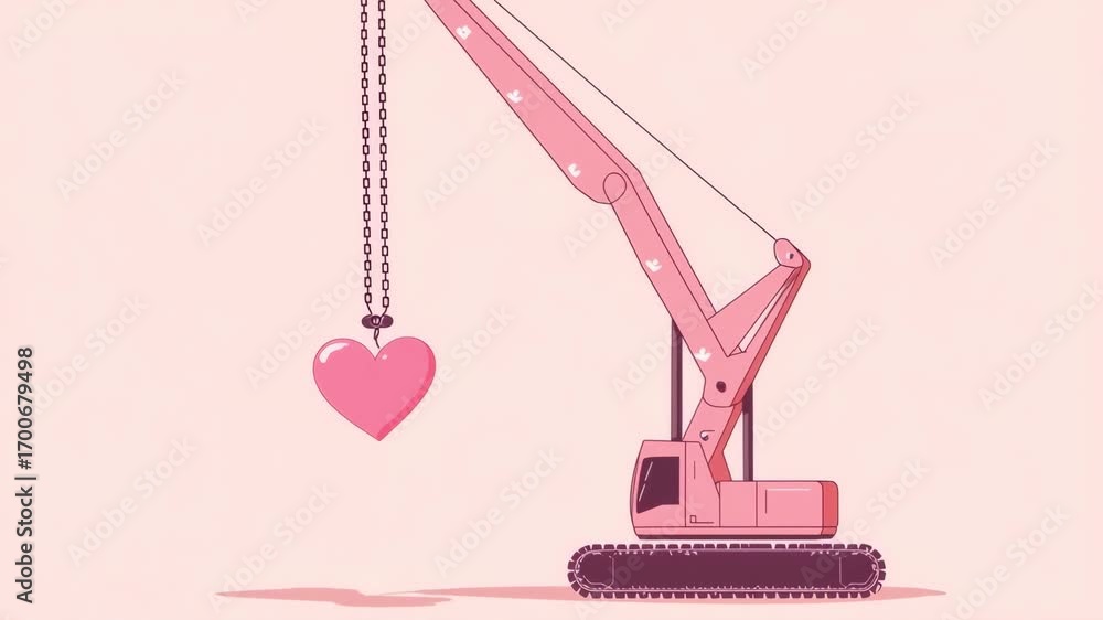 Pink crawler crane lifting pink heart with chains on pink background, representing love and construction