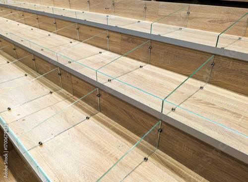 Trade counter of laminated chipboard with glass partitions