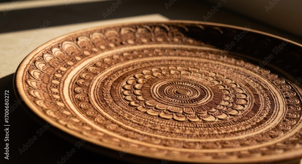 Fototapeta premium Close-up of a decorative, light brown ceramic plate with intricate, carved, floral designs. Sunlight highlights the patterns