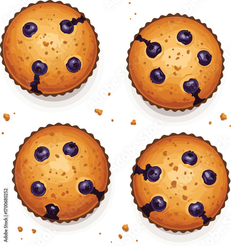 Blueberry Muffins in Paper Cups Vector Illustration