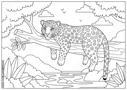 Leopard vector illustration of a wild feline resting lazily on a tree branch above a calm river with tropical plants, rocks, trees, and clouds around in black and white line art for coloring