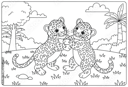 Two leopard cubs vector illustration playing together in a grassy jungle clearing with trees, palm plants, rocks, and clouds around in charming black and white line art for coloring projects