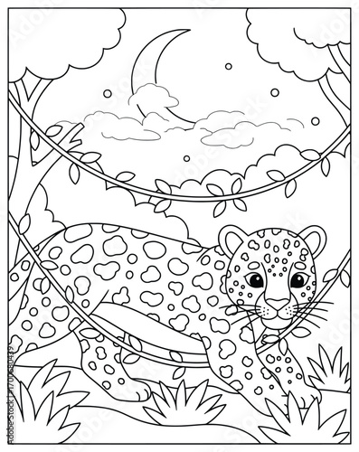 Leopard prowling quietly through the jungle at night under a crescent moon and stars surrounded by tropical plants trees and clouds in a detailed black and white vector illustration for design