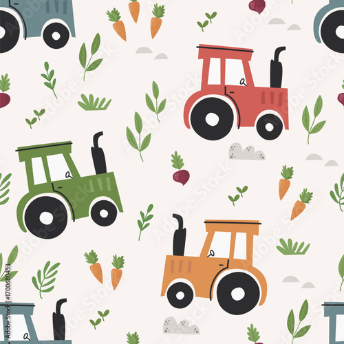 Vector seamless pattern with cute tractors and vegetables. Pattern for bedroom, wallpaper, kids and baby wear.