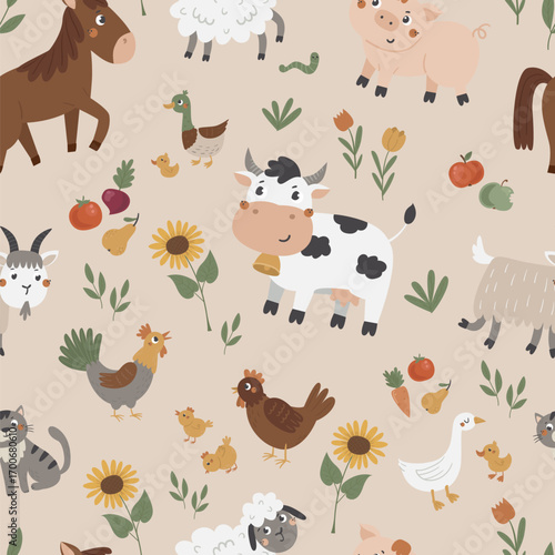 Vector seamless pattern with cute farm animals. Great for wallpaper, textiles, wrapping paper, greeting cards and other