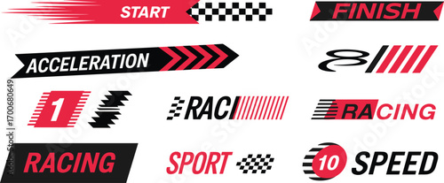Racing decal vector illustration set with red black typography, start finish text, arrows, speed lines, checkered flags, sport numbers, automotive graphics, fast motion design