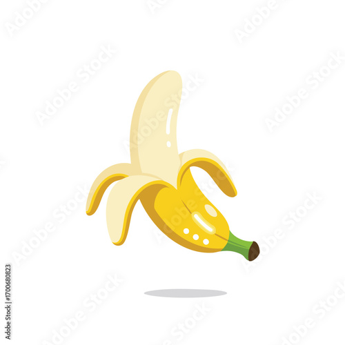 A peeled banana with its skin partially open, revealing the ripe fruit inside, set against a white background.