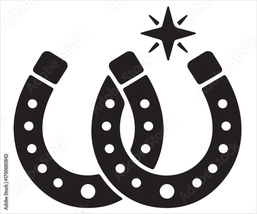 Silhouette of horseshoe vector illustration, black outline design symbolizing luck, fortune, success, charm, western culture, equestrian equipment, metal footwear for horse, traditional icon, minimal 