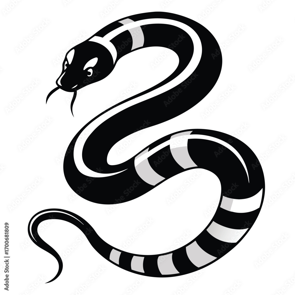 Obraz premium Striking Black and White Serpent A Cartoonish Image of a Patterned Snake Coiled and Ready to Strike