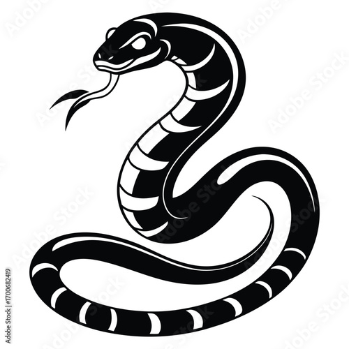 Stylized Black and White Snake Illustration Curled with Tongue Out Depicting Dangerous Reptile with Interesting Markings