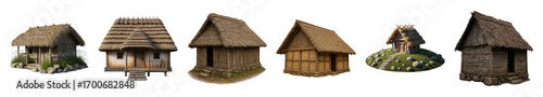 Traditional thatched roof house set including various rustic wooden and plaster dwellings isolated. Ancient and fantasy architecture collection.