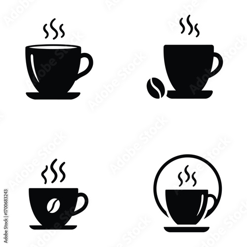 Collection of four black silhouette icons representing steaming cups of hot coffee or tea with subtle variations in design and detail