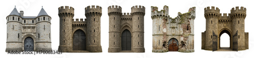 Medieval castle set including fortified gatehouses, stone towers, and ruined facades isolated. Historical architecture collection.