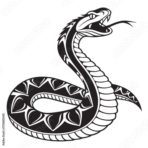 Stylized Black and White Snake Illustration Depicting an Aggressive Cobra with Decorative Tribal Patterns and a Split Tongue